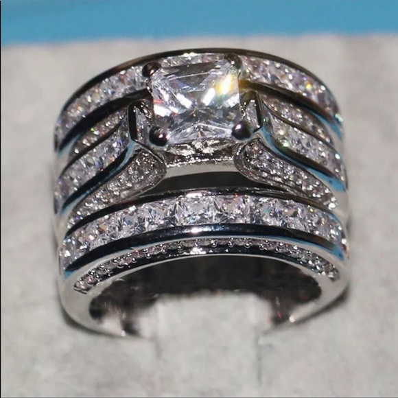 New 3pc/set 925 Silver Wedding Diamond Ring - Picture 2 of 5